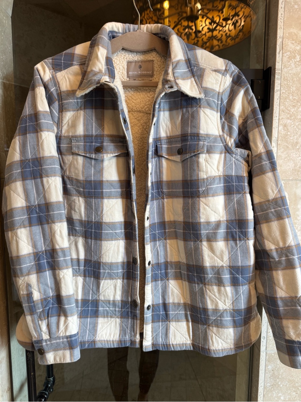 Royal Robbins Women's Medium Blue & Cream Plaid Sherpa-Lined Jacket